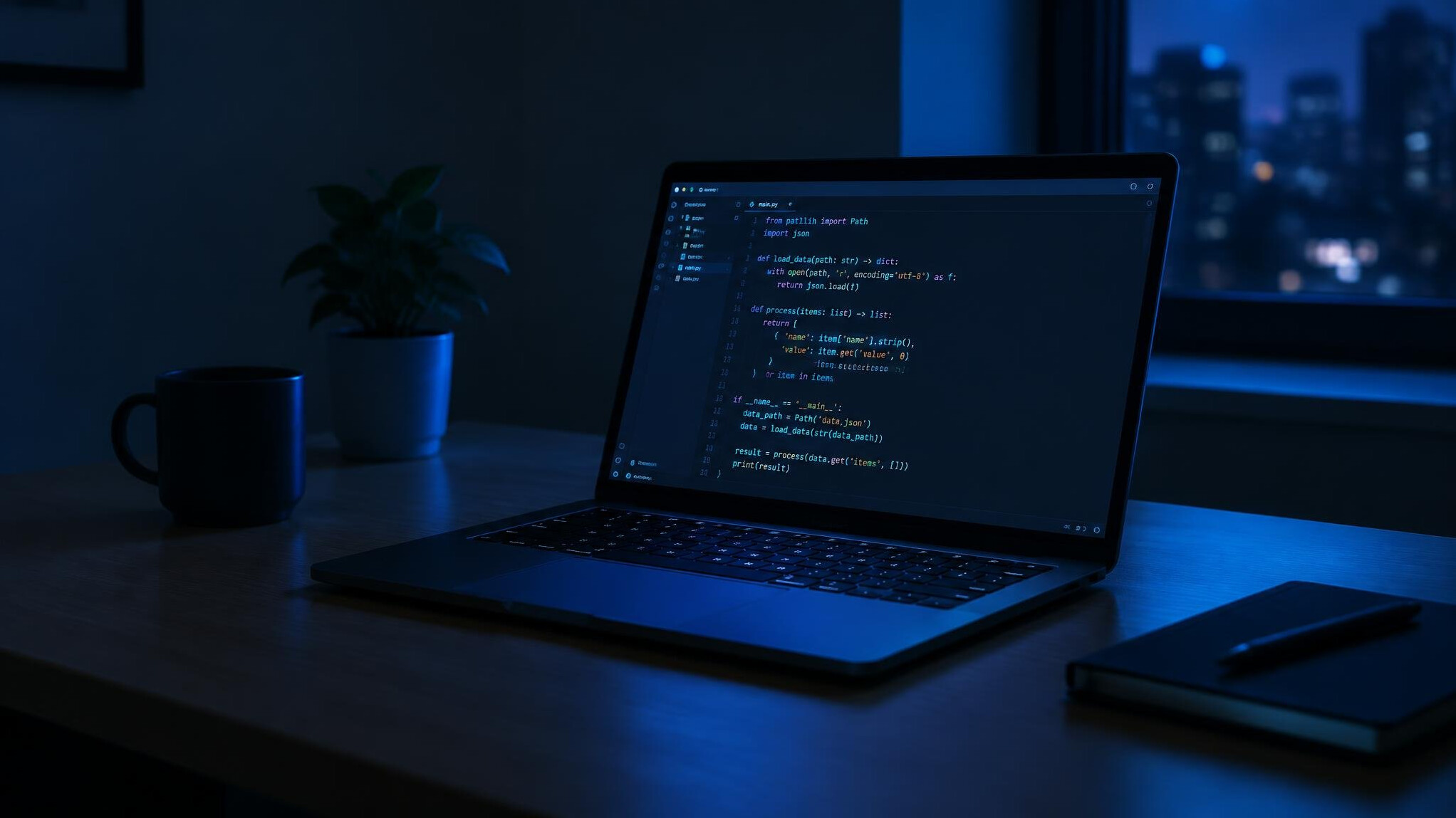 Laptop with abstract code lights on a dark desk