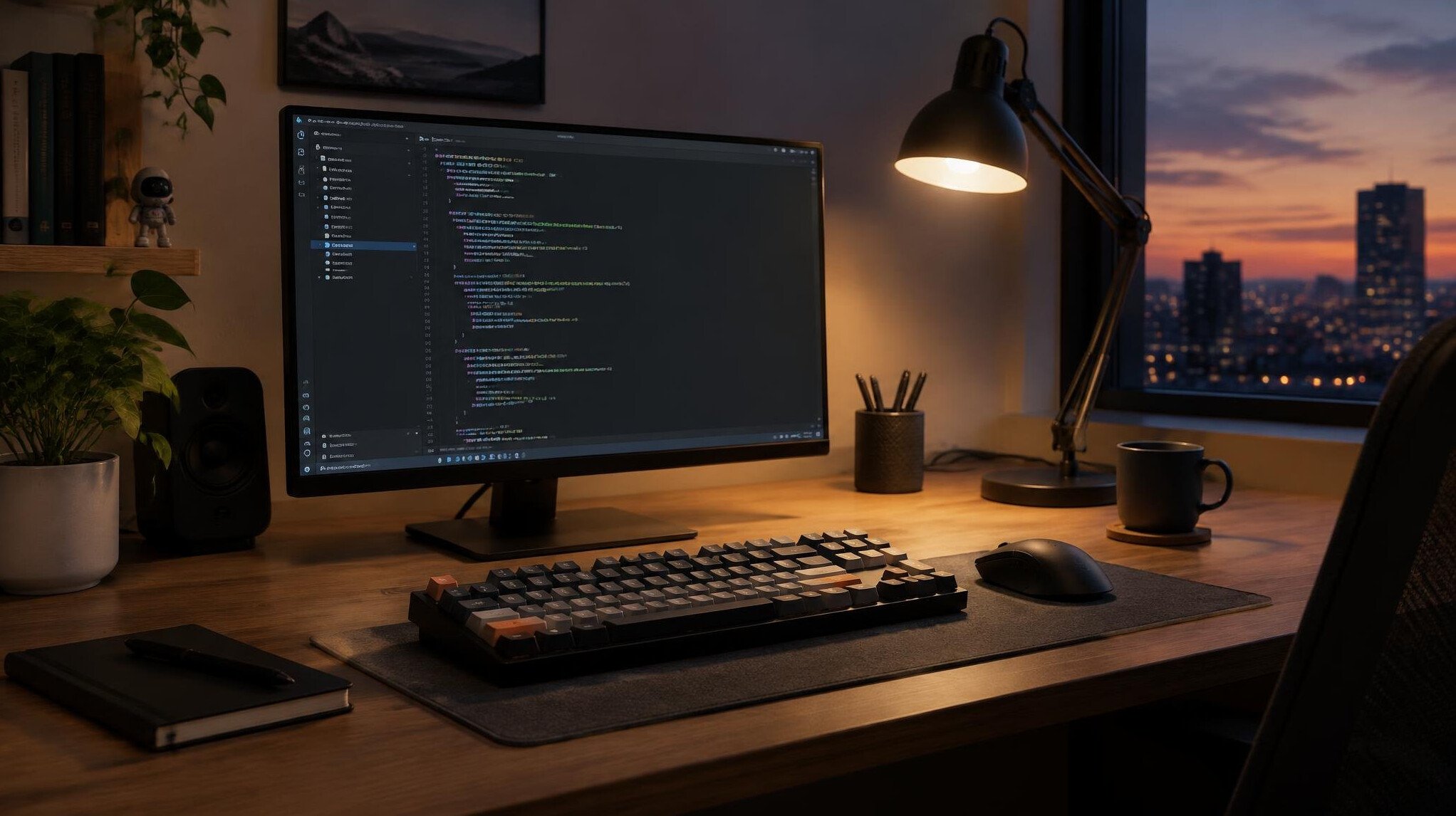 Mechanical keyboard and monitor in a workspace